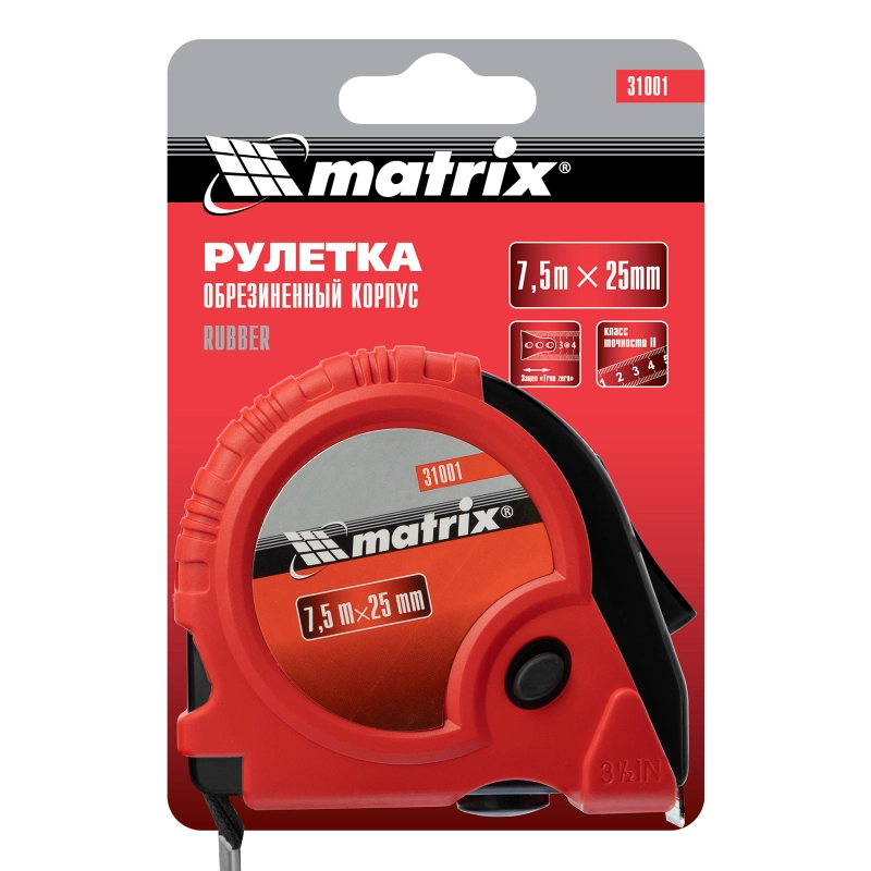 Рулетка Rubber,7,5 м х 25 мм,обрезиненный корпус Matrix (31001)