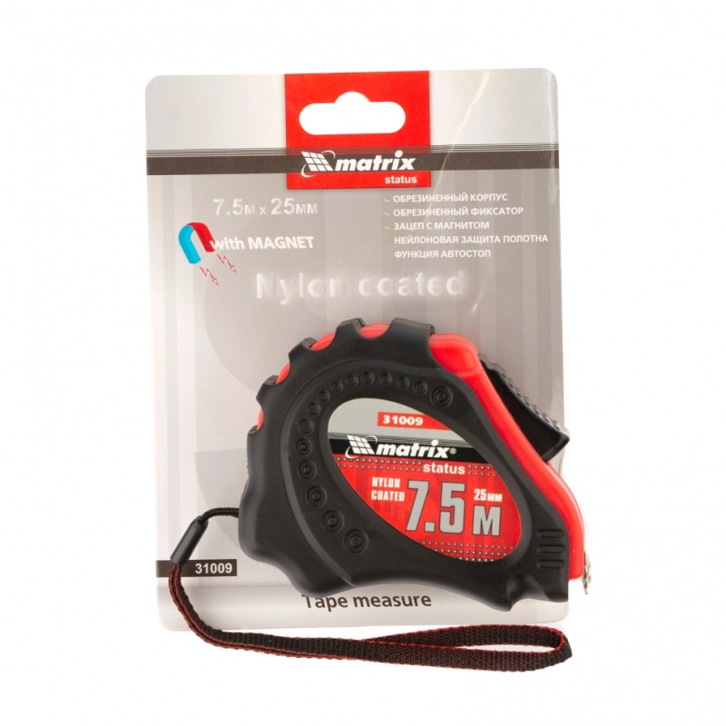 Рулетка Status autostop Magnet+,7,5 м х 25 мм,обрезиненная,Нейлоновое покрытие Matrix (31009)