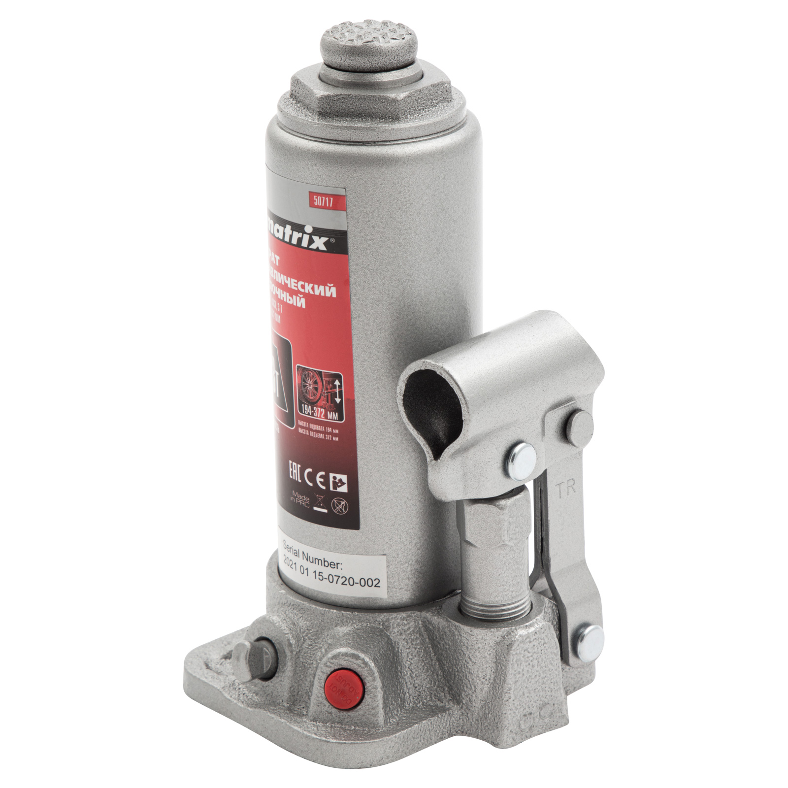 Домкрат гидравлический бутылочный, 3 т, высота подъема 194-372 мм Matrix (50717)