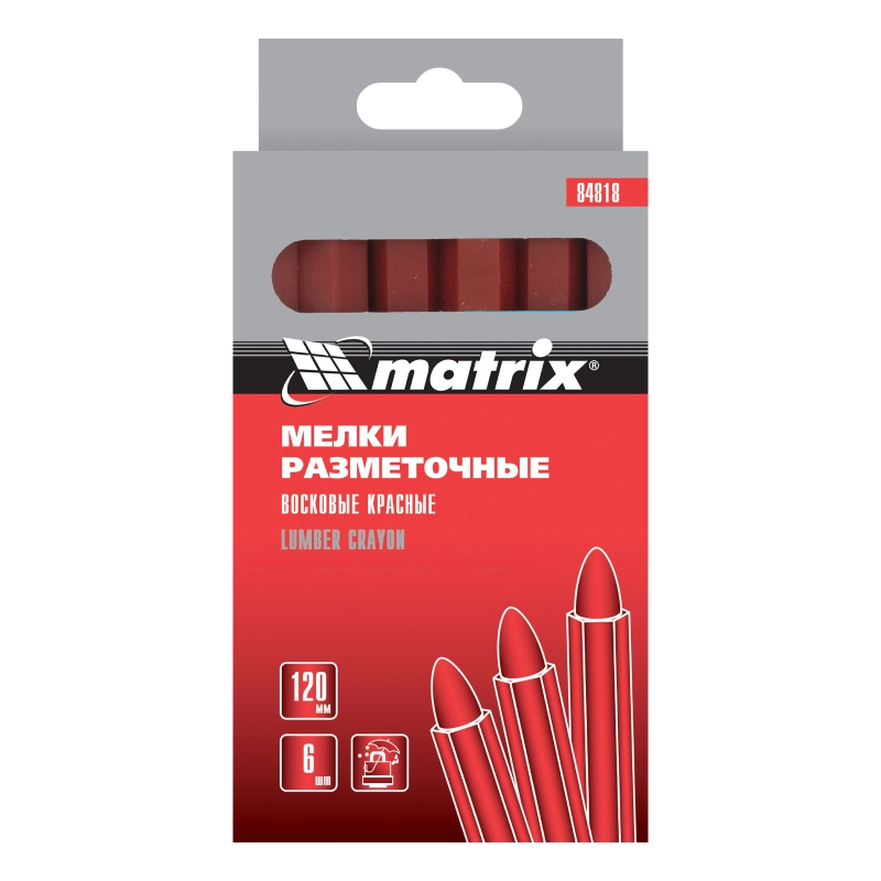 Мелки разметочные восковые красные, 120 мм, коробка 6 шт Matrix (84818)