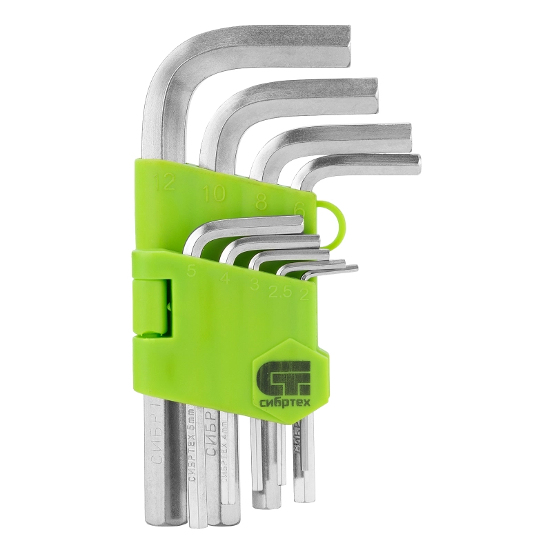 Набор ключей имбусовых HEX, 2-12 мм, 45x, закаленные, 9 шт, короткие, никель Сибртех (12316)