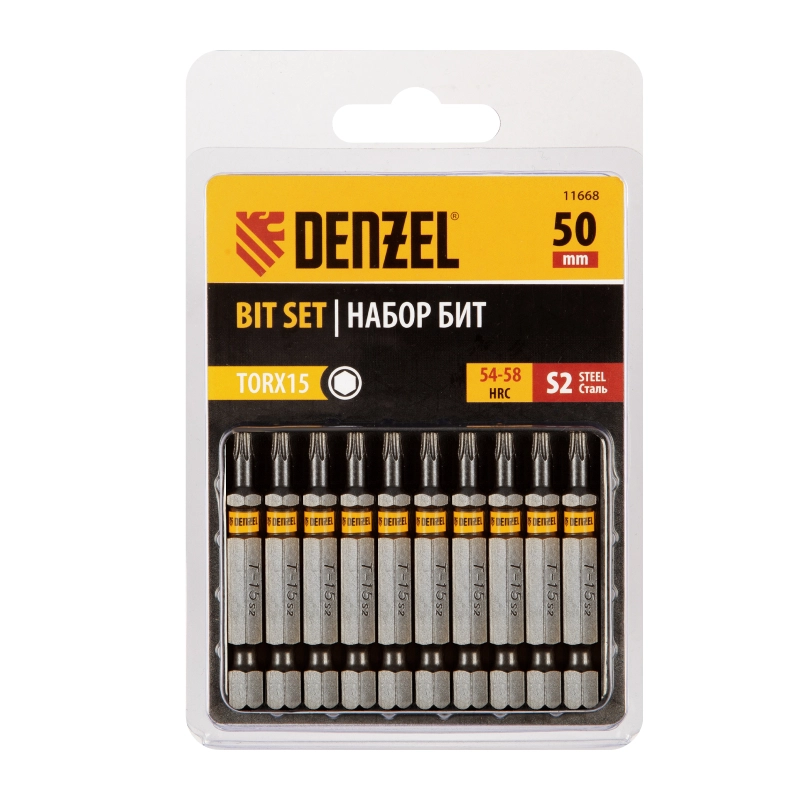 Бита TX 15х50, сталь S2, шестигранный профиль, 10 шт. Е 6,3 Denzel (11668)