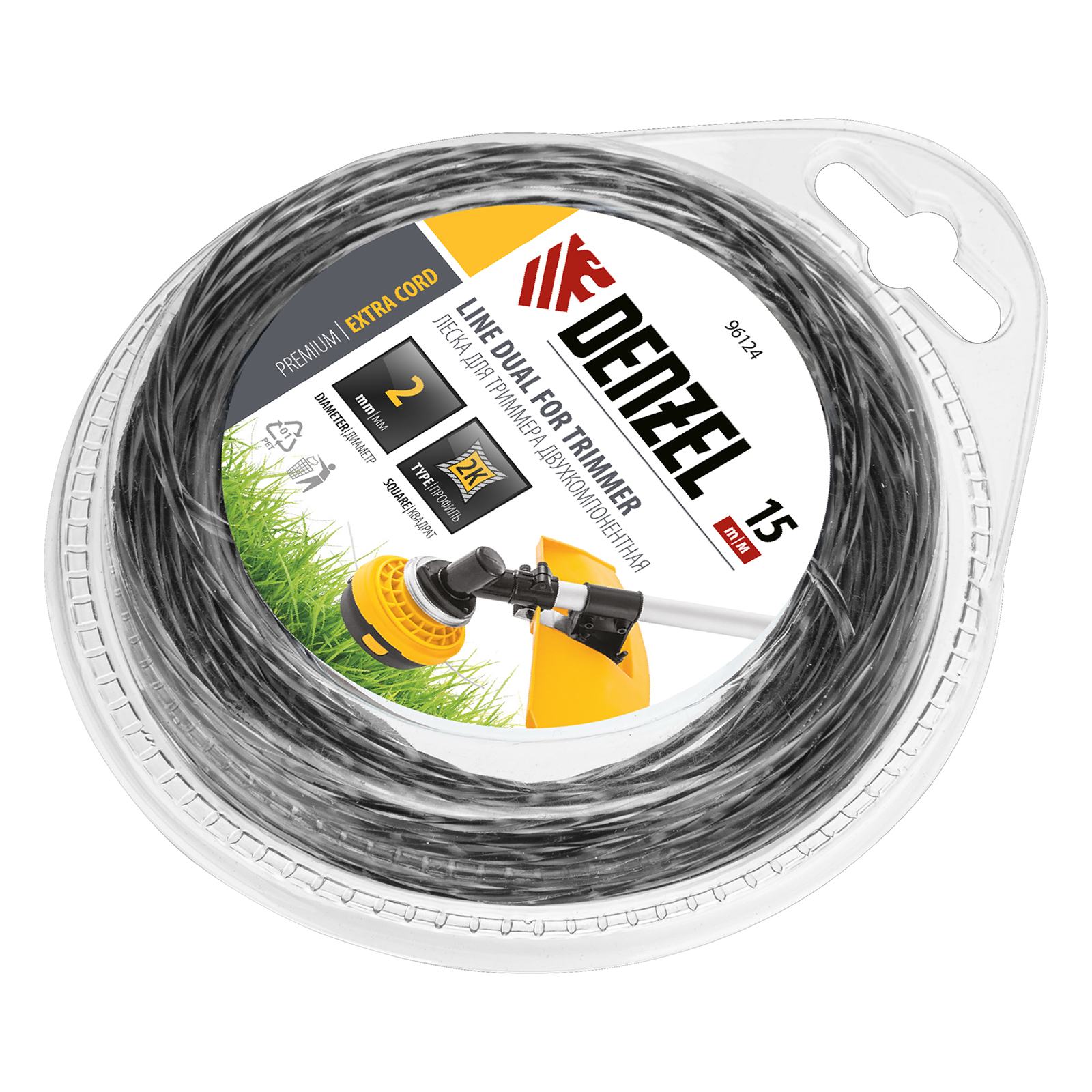 Леска для триммера, двухкомпонентная квадрат 2 мм, 15 м Extra cord Denzel (96124)