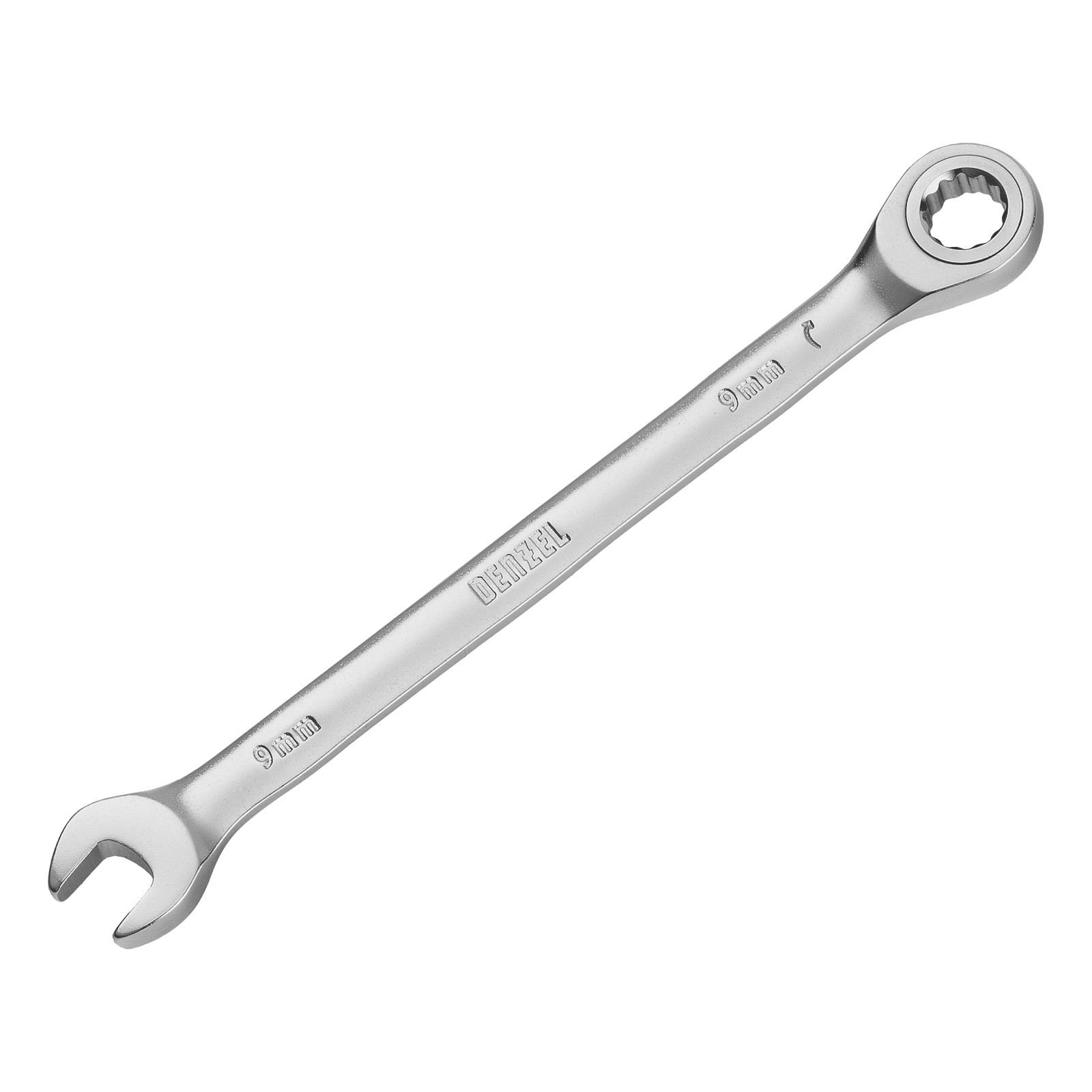 Ключ комбинированный трещоточный, 9 мм, CrV, матовый хром Denzel (14703)