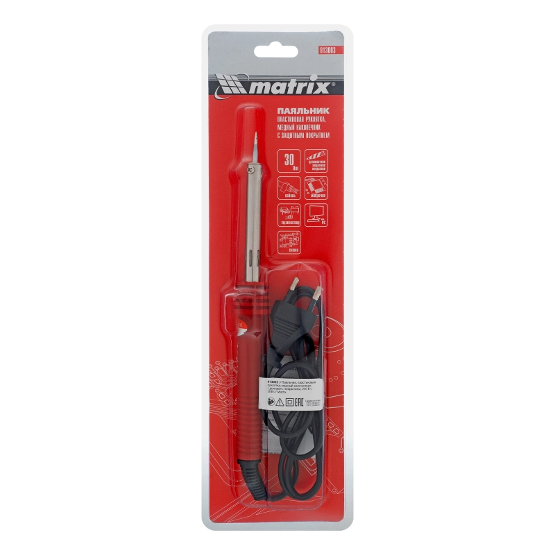 Паяльник, пластиковая рукоятка, медный наконечник с долговечным защитным покрытием, 220 В, 30 W Matrix (913003)