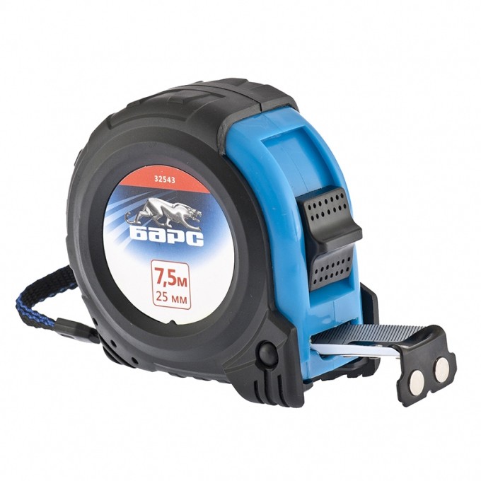 Рулетка Вектор 7,5 м х 25 мм,утолщенное полотно,магнитный зацеп,обрезиненный корпус Барс (32543)