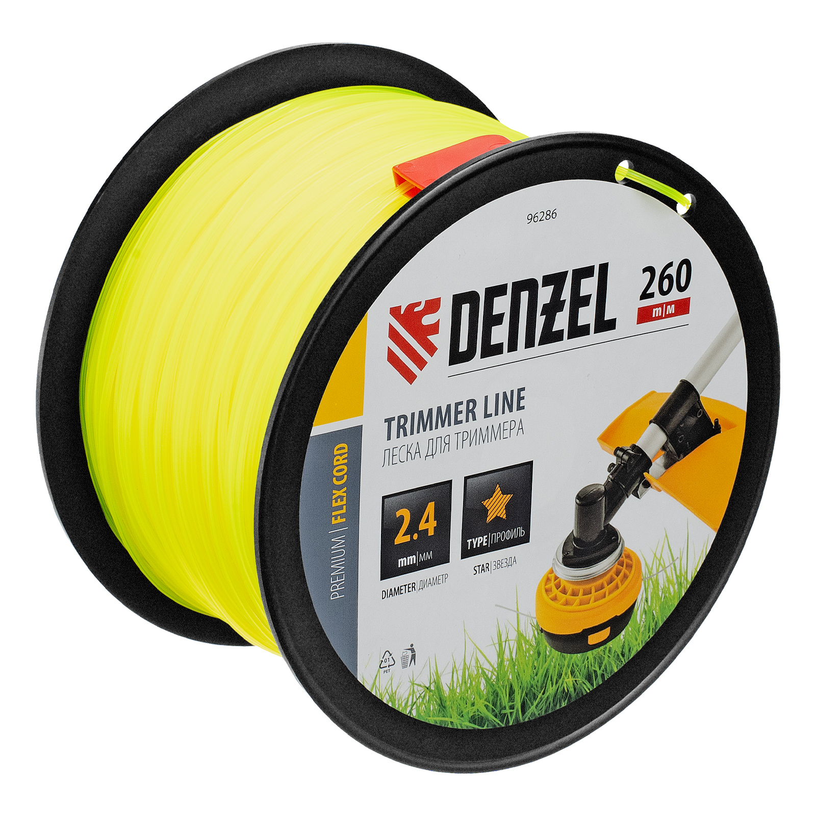Леска для триммера звезда, 2,4мм х 260м, на DIN катушке FLEX CORD Denzel (96286)