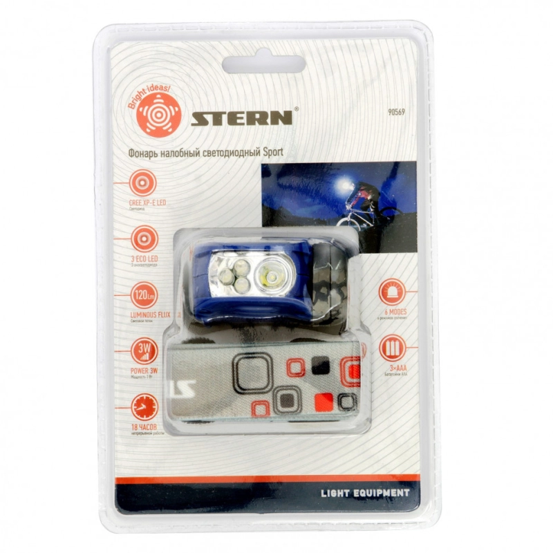 Фонарь наголовный Sport, ABS пластик, CREE XP-E Led 3Вт 120Лм + 3 эко Led, 8-18 часов, 3 х ААА Stern (90569)