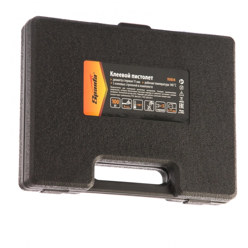Клеевой пистолет с выключателем 12 мм в кейсе, 100 Вт, 8 г/мин Sparta (93034)