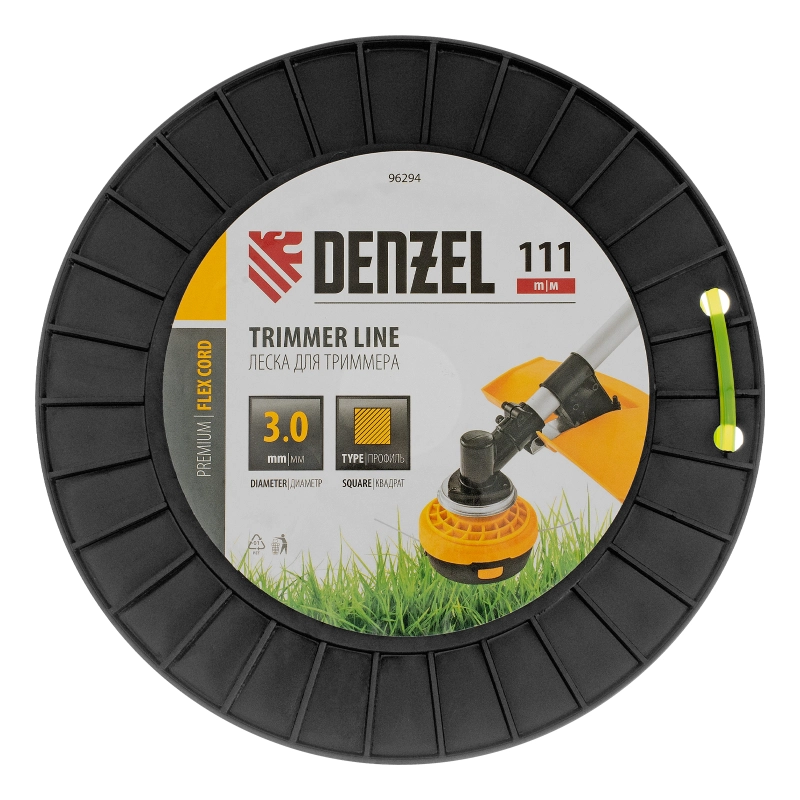 Леска для триммера квадрат, 3,0мм х 111м, на DIN катушке FLEX CORD Denzel (96294)