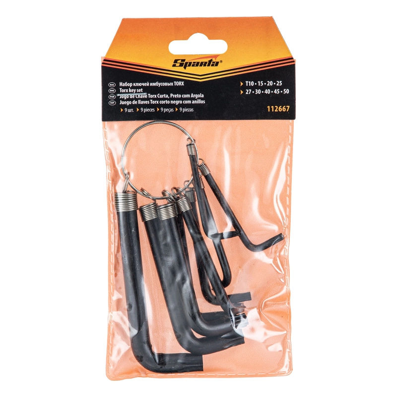 Набор ключей имбусовых Torx 9 шт: T10, 15, 20, 25, 27, 30, 40, 45, 50, оксидированные, на кольце Sparta (112667)