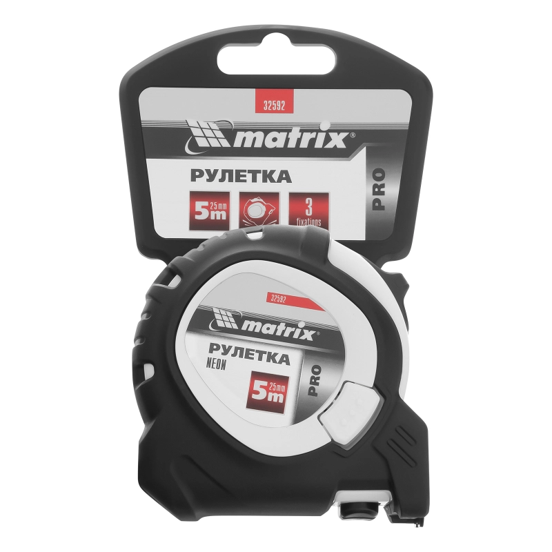 Рулетка Neon,5 м x 25 мм,обрезиненный корпус,3 фиксации,Pro Matrix (32592)