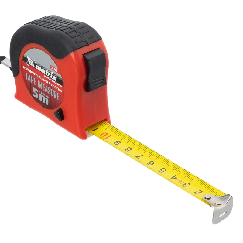 Рулетка Double fixation,5 м х 19 мм,обрезиненный корпус,двойная плавная фиксация Matrix (31056)