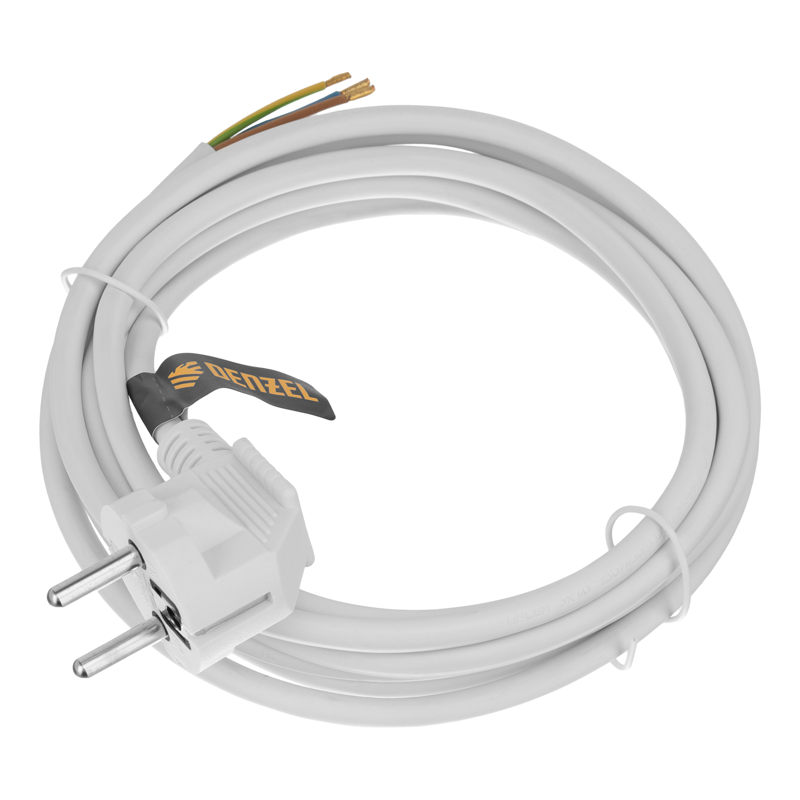 Шнур сетевой Energy Series, ПВС, 3 м, 3 x 1 мм, с неразборной вилкой, белый, Denzel (37666)
