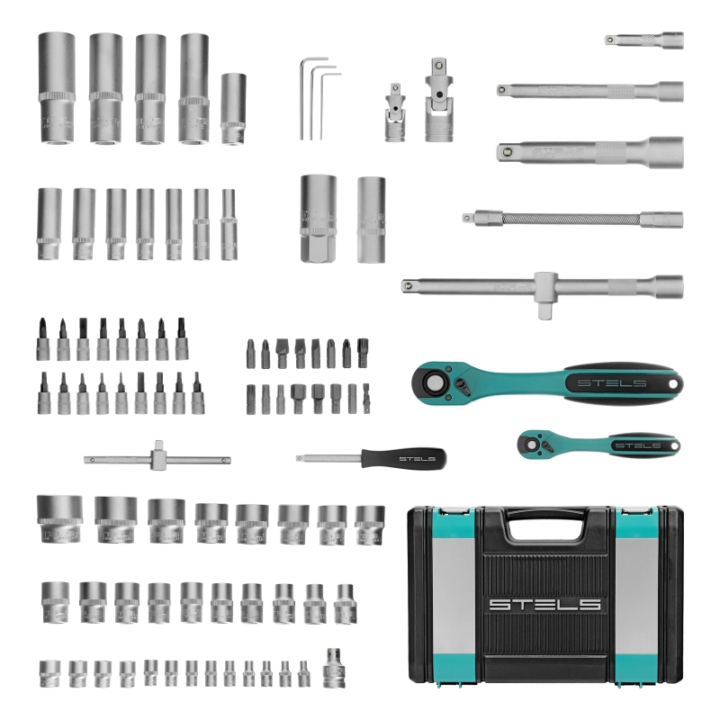 Набор инструментов 1/2", 1/4", CrV, 12 гранные головки, пластиковый кейс, 94 предмета Stels (14118)