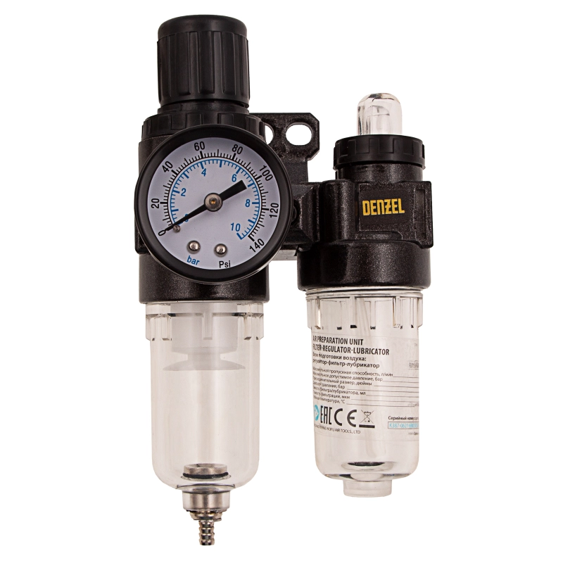 Блок подготовки воздуха регулятор-фильтр-лубрикатор FLR1500, 10 бар, 1500 л/мин, 1/4" Denzel (57469)