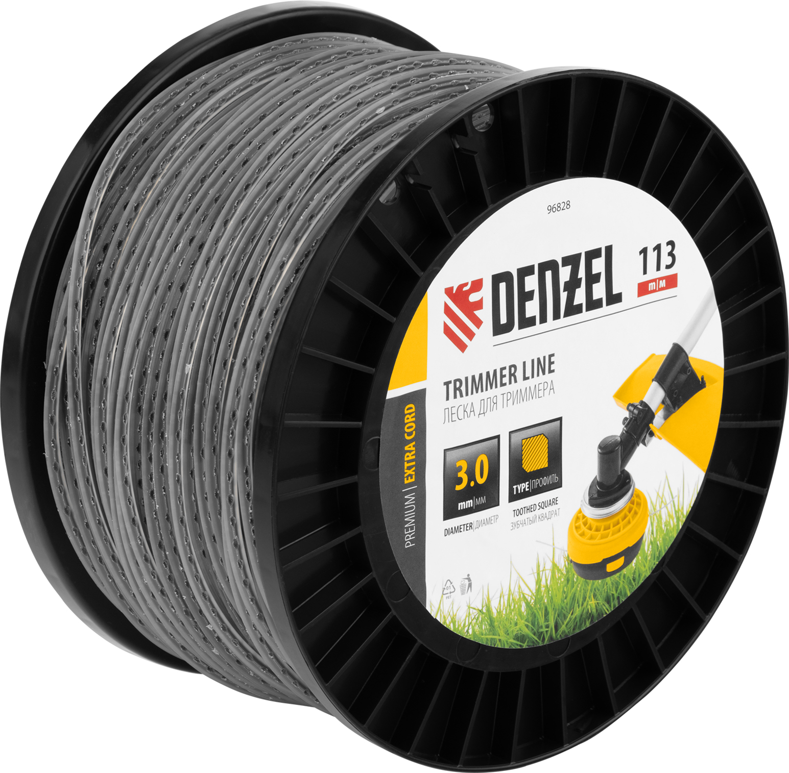 Леска для триммера двухкомпонентная зубчатый квадрат, 3,0мм х 113м, на DIN кат. EXTRA CORD Denzel (96828)