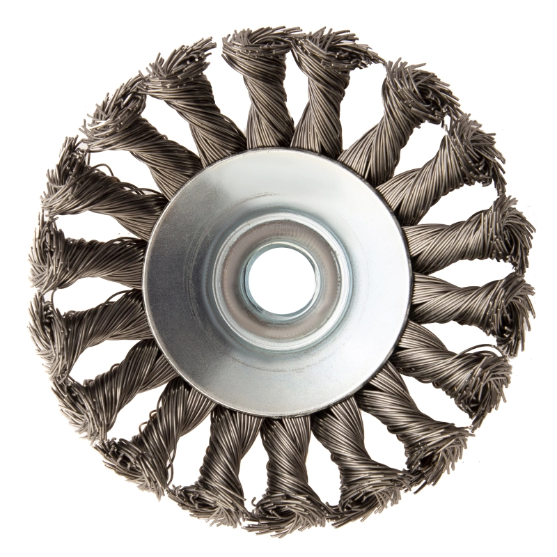 Щетка для УШМ, 100 мм, "Тарелка", крученая нержавеющая проволока 0.5 мм, М14 Denzel (746093)