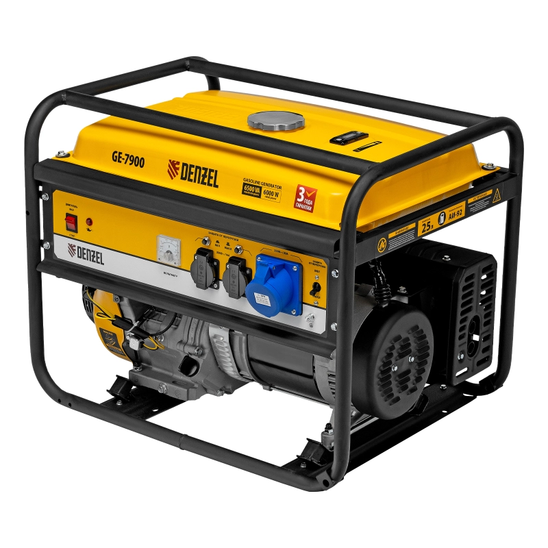 Генератор бензиновый GE 7900, 6.5 кВт, 220 В/50 Гц, 25 л, ручной пуск Denzel (94638)