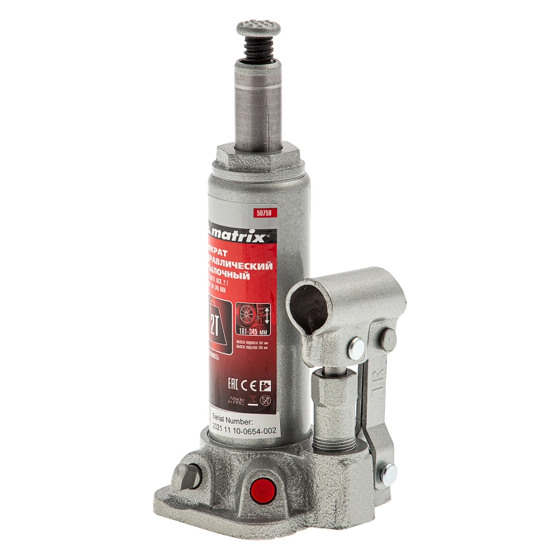 Домкрат гидравлический бутылочный, 2 т, высота подъема 181-345 мм, в пластиковый кейсе Matrix (50750)