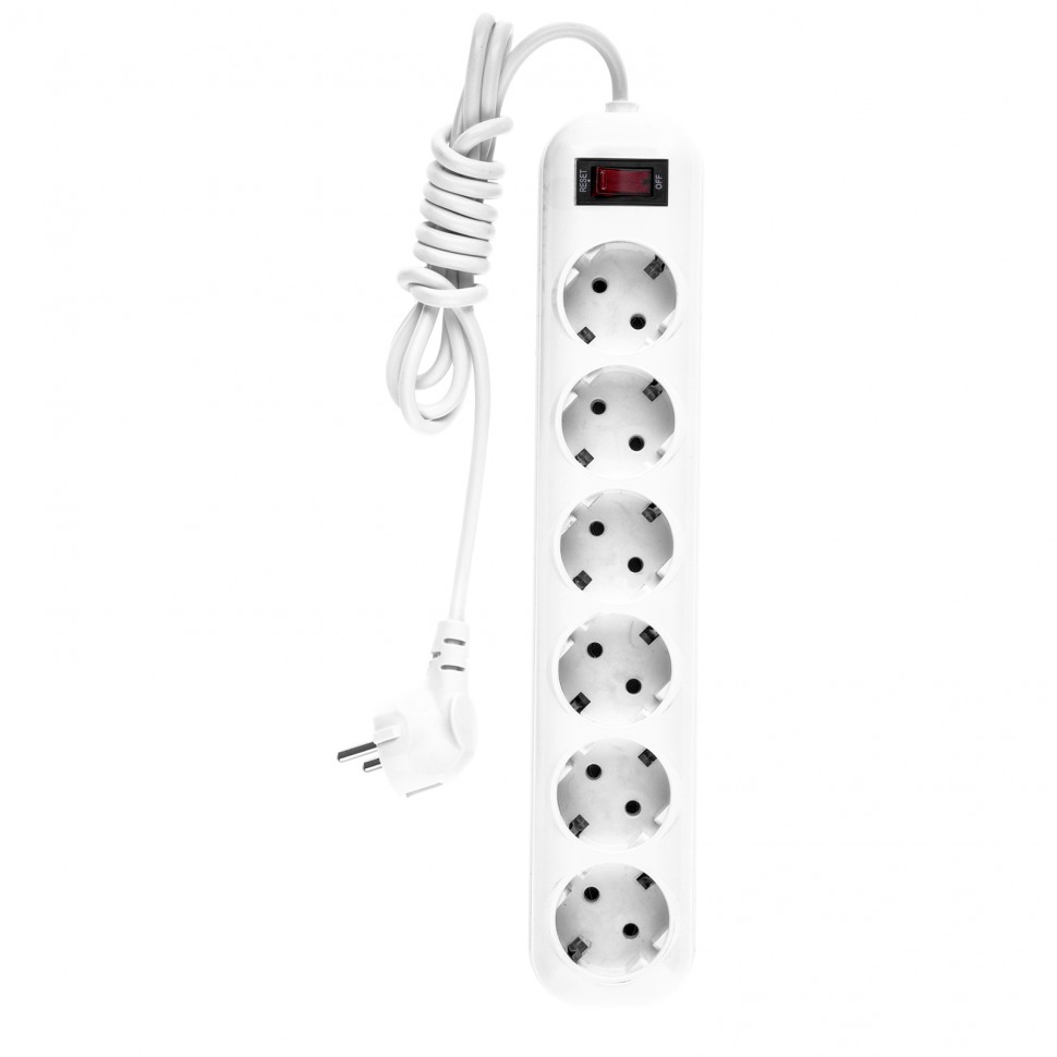 Удлинитель бытовой, с заземлением и выключателем, 2 м, 6 розеток, 10 A, серия УХз10 Denzel (95980)