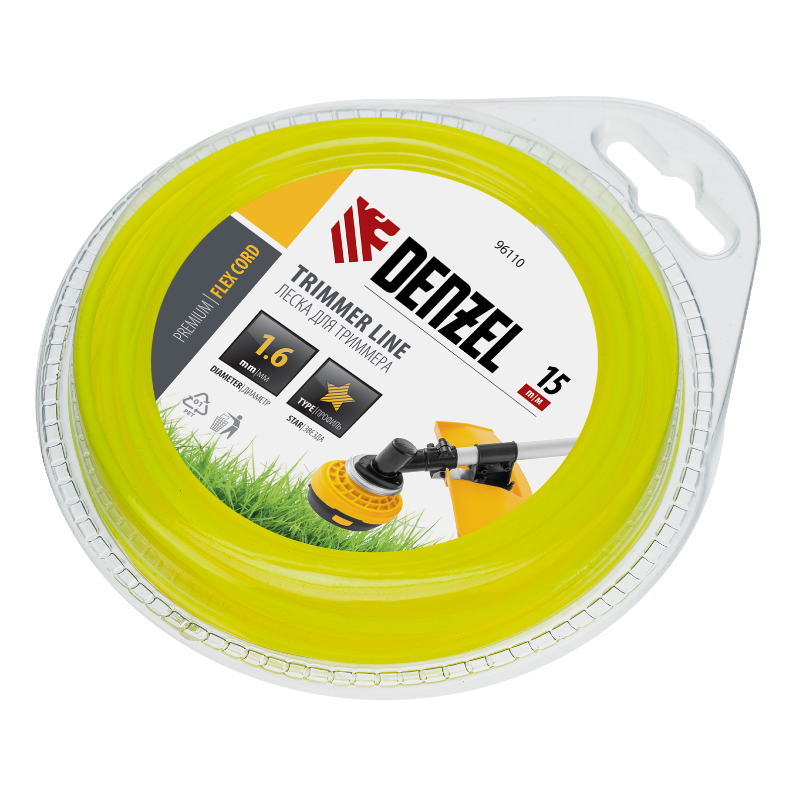 Леска для триммера, звезда 1.6 мм х 15 м, блистер Flex cord Denzel (96110)