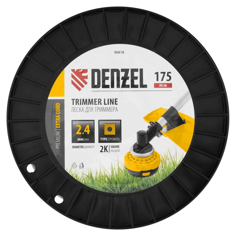 Леска для триммера двухкомпонентная квадрат, 2,4мм х 175м, на DIN катушке EXTRA CORD Denzel (96818)
