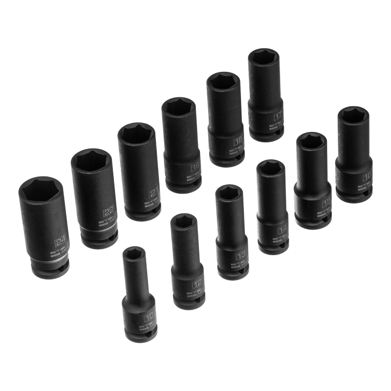 Набор ударных глубоких шестигранных торцевых головок, 1/2", 10-24 мм, в кейсе 12 шт. Stels (13998)