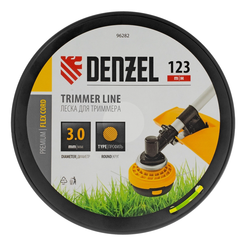 Леска для триммера круглая, 3,0мм х 123м, на DIN катушке FLEX CORD,  Denzel (96282)
