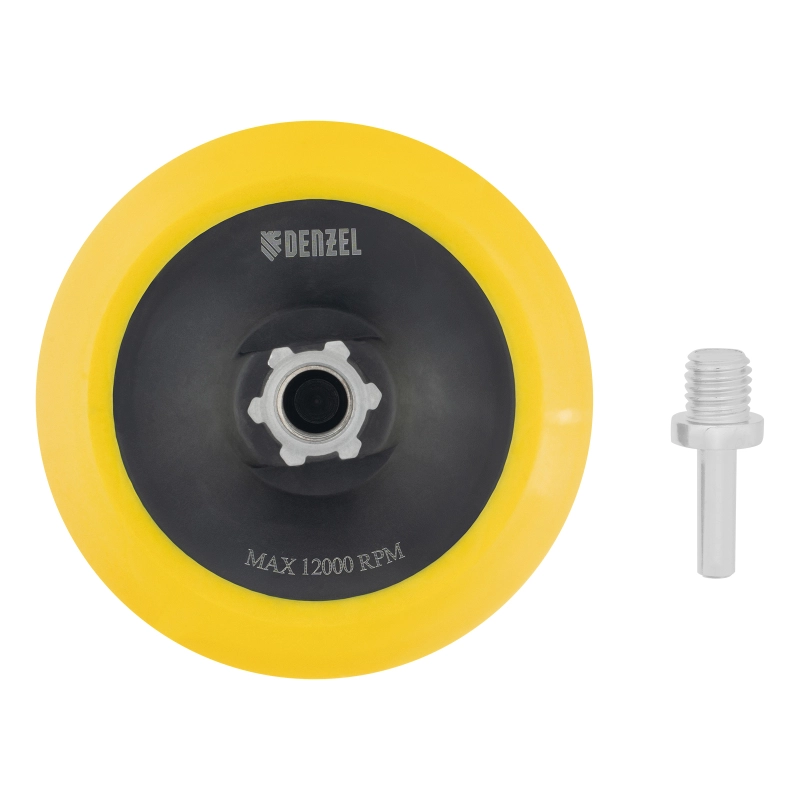 Тарелка опорная для дрели и УШМ с липучкой, 125 мм, мягкая, с адаптером c М14 на d8 Denzel (76248)