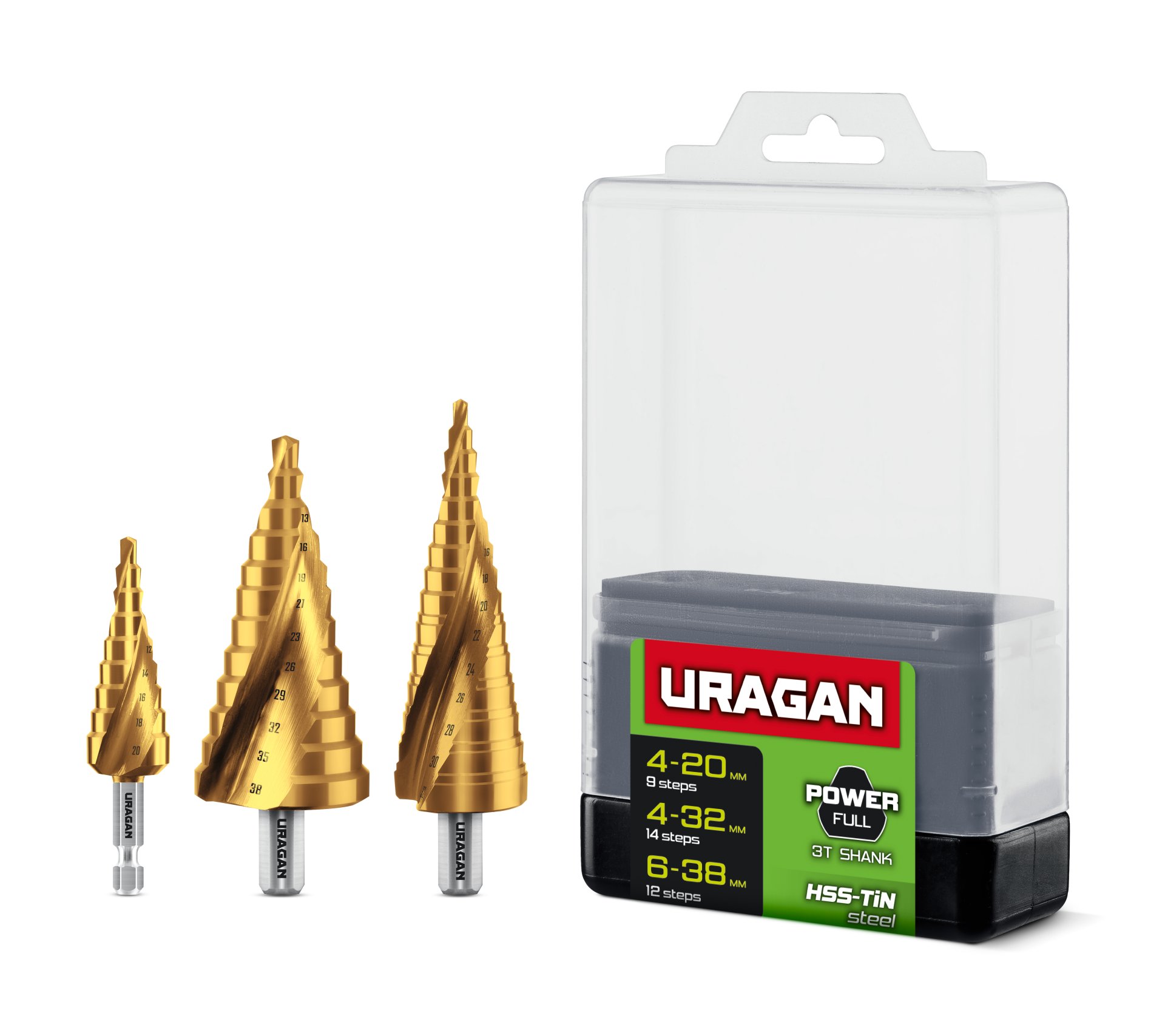 URAGAN 3 шт, 4-38мм, винтовая спираль, набор сверл ступенчатых (29658-4-38-H3)