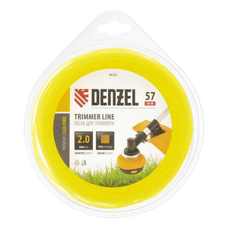 Леска для триммера, квадрат 2 мм х 57 м, блистер Flex cord Denzel (96122)