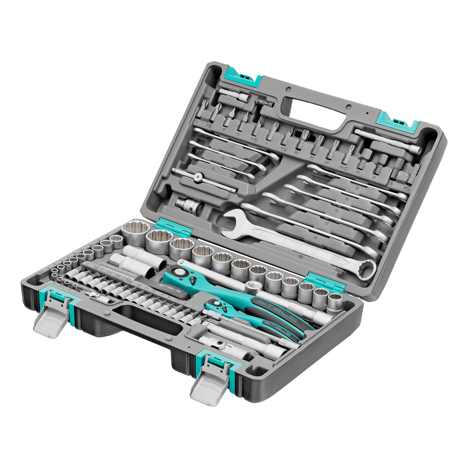 Набор инструментов 1/2", 1/4", CrV, 12 гранные головки, пластиковый кейс, 82 предмета Stels (14117)