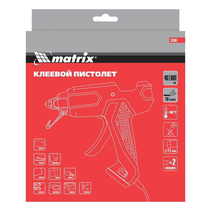 Клеевой пистолет, 11 мм, 40 (100) Вт, 18 г/мин, выключатель и индикатор напряжения Matrix (93007)