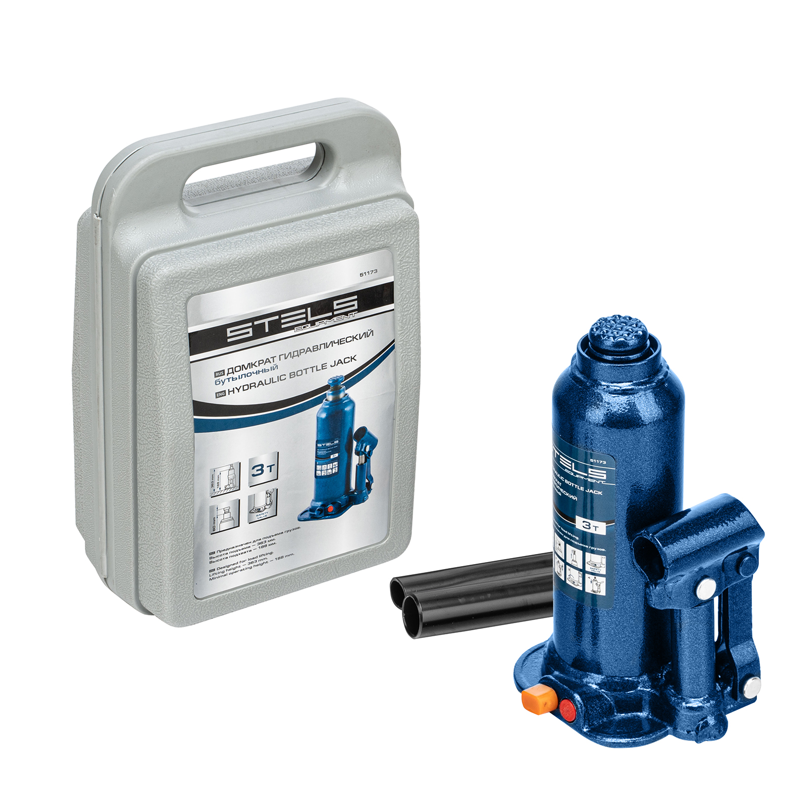 Домкрат гидравлический бутылочный, 3 т, h подъема 188-363 мм, в пластиковом кейсе Stels (51173)