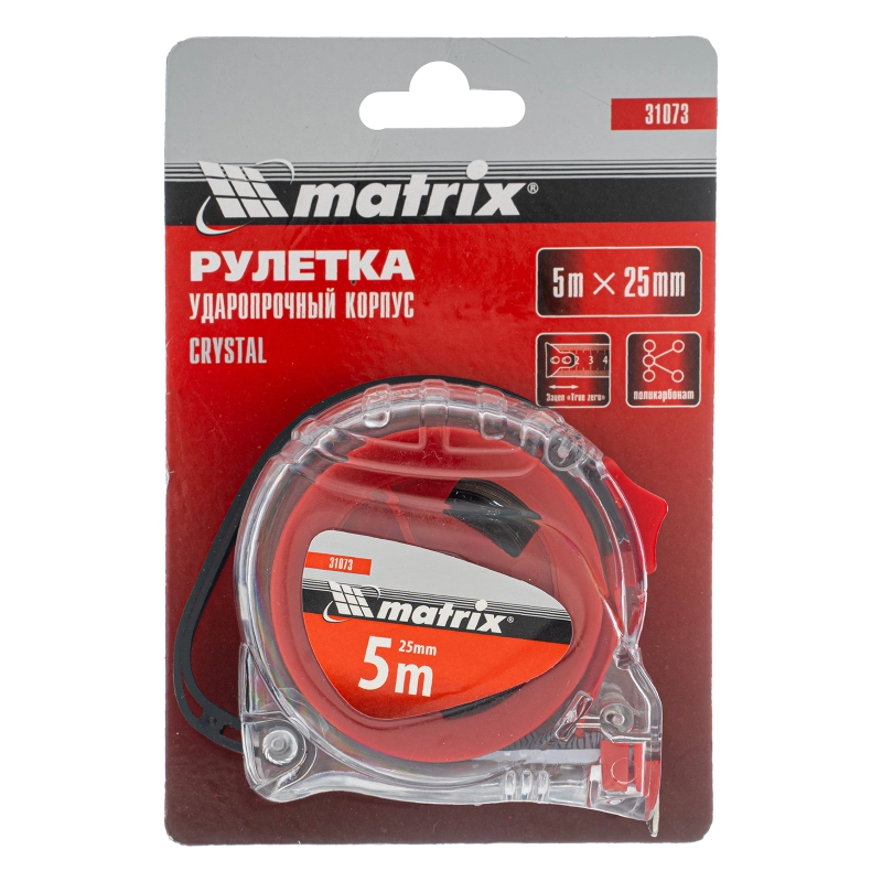 Рулетка Crystal,5 м х 25 мм,корпус из поликарбоната Matrix (31073)