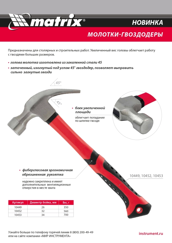 Молоток-гвоздодер, 560 г, боек 32 мм, фибергласовая обрезиненная рукоятка Matrix (10452)