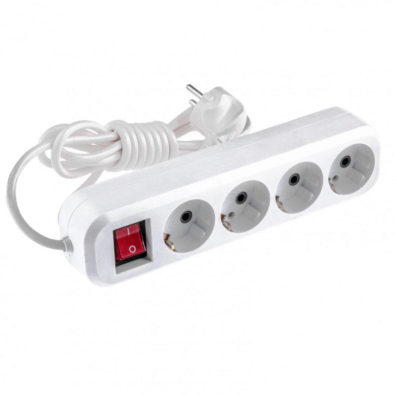 Удлинитель бытовой, с заземлением и выключателем, 2 м, 4 розетки, 10 A, серия УХз10 Denzel (95975)