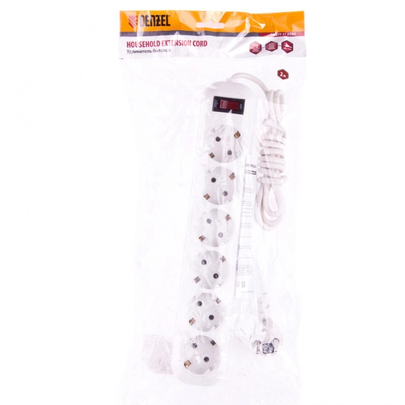 Удлинитель бытовой, с заземлением и выключателем, 2 м, 6 розеток, 10 A, серия УХз10 Denzel (95980)