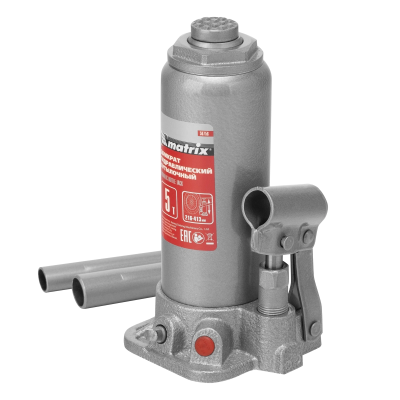 Домкрат гидравлический бутылочный, 5 т, высота подъема 216-413 мм, в пластиковый кейсе Matrix (50756)