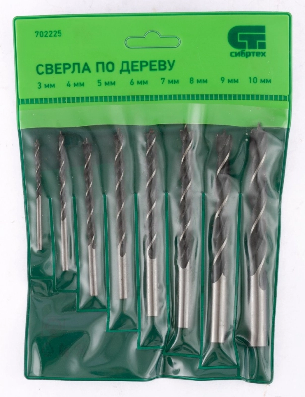 Набор сверл по дереву, 3-4-5-6-7-8-9-10 мм, 8 шт, цилиндрический хвостовик Сибртех (702225)