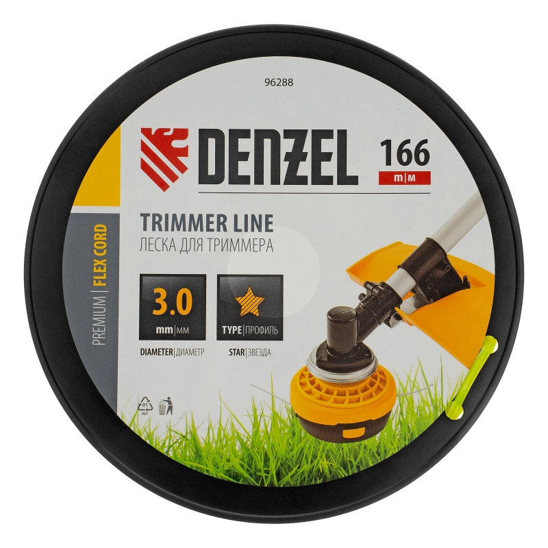 Леска для триммера звезда, 3,0мм х 166м, на DIN катушке FLEX CORD Denzel (96288)