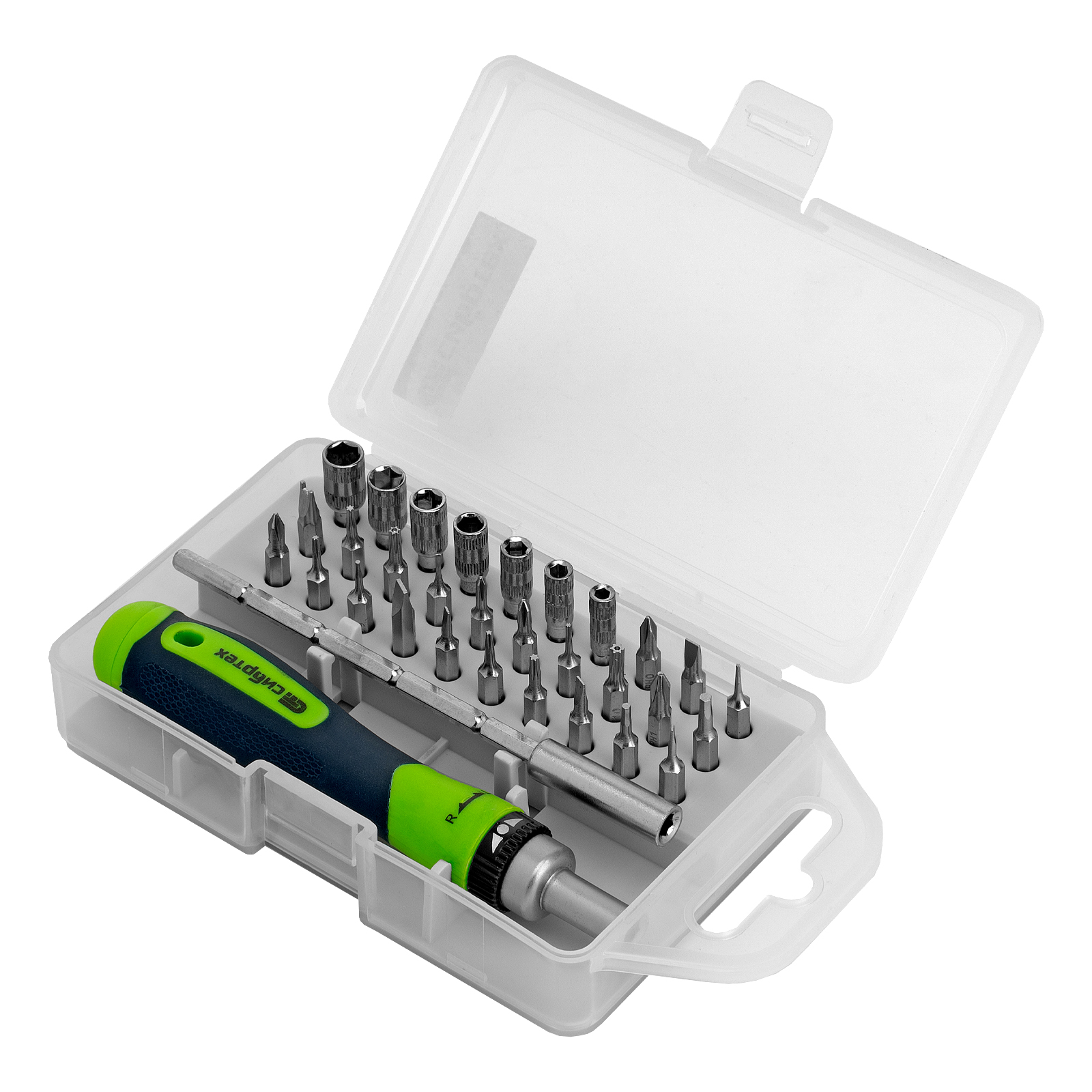 Отвертка реверсивная для точных работ с набором бит и торцевых головок, 32 предмета, CrV Сибртех (13370)