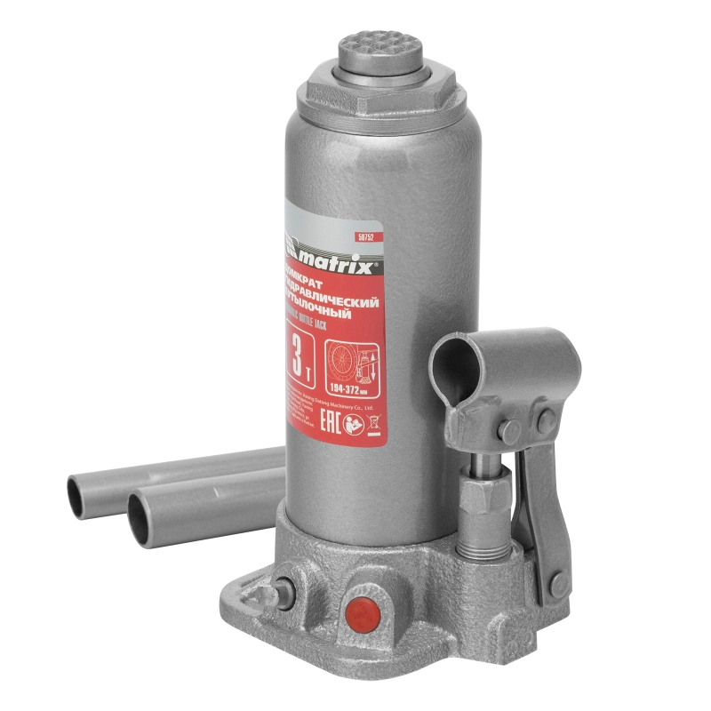 Домкрат гидравлический бутылочный, 3 т, высота подъема 194-372 мм, в пластиковый кейсе Matrix (50752)