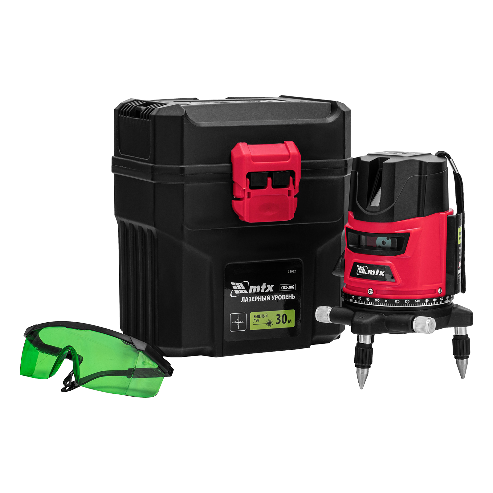 Лазерный уровень CRX-30G, 30 м, зеленый луч, батарейки, резьба 5/8" MTX (35032)