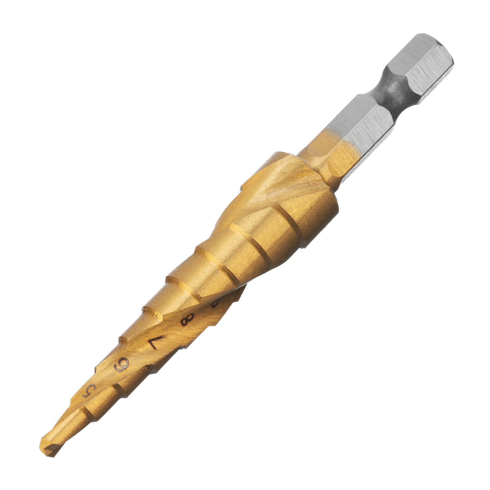 Сверло ступенчатое 4-5-6-7-8-9-10-11-12 мм, HSS, спиральный профиль, шестигранный хвостовик Matrix (72353)