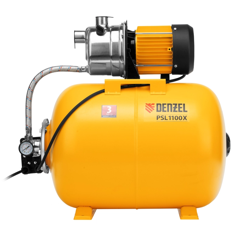 Насосная станция PSL1100X, 1100 Вт, 3600 л/ч, ресивер 50 л, подъем 45 м, нержавейка Denzel (97311)