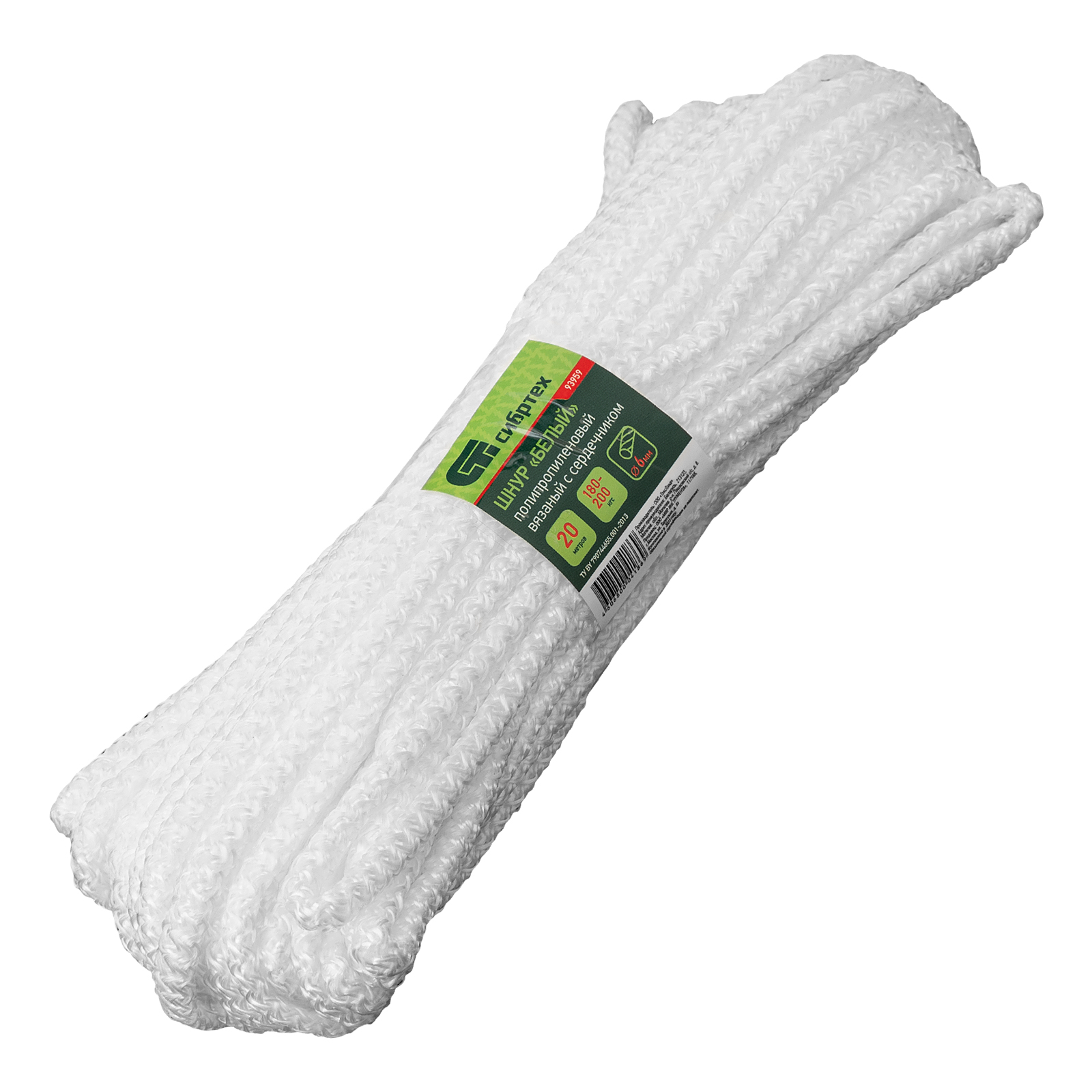 Шнур вязаный полипропиленовый с серд. белый, 6 мм, L 20 м, Сибртех (93959)