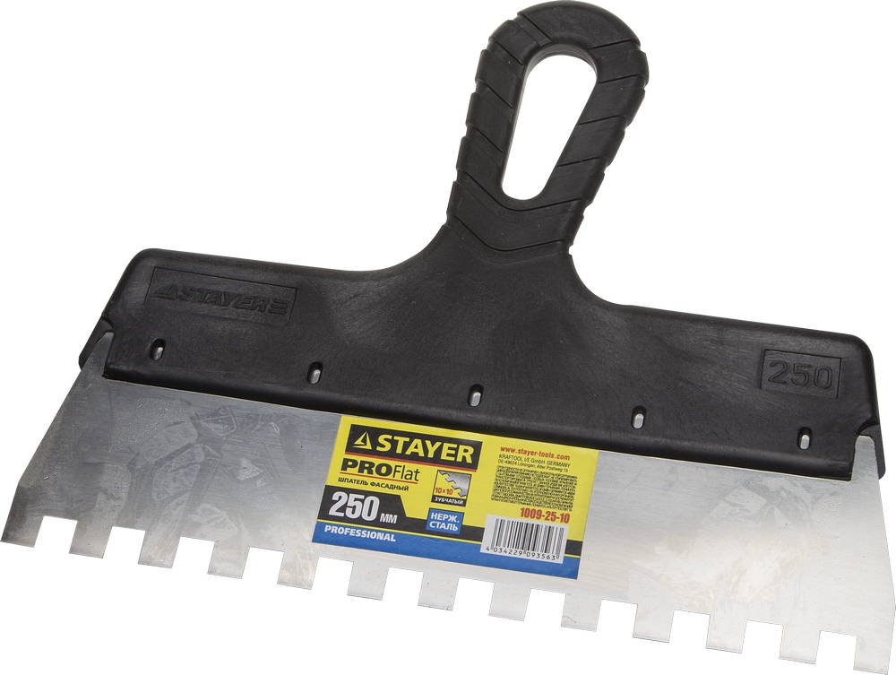 STAYER PROFlat, 250 мм, зуб 10 х 10 мм, пластиковая ручка, зубчатый, нержавеющий фасадный шпатель, Professional (1009-25-10)