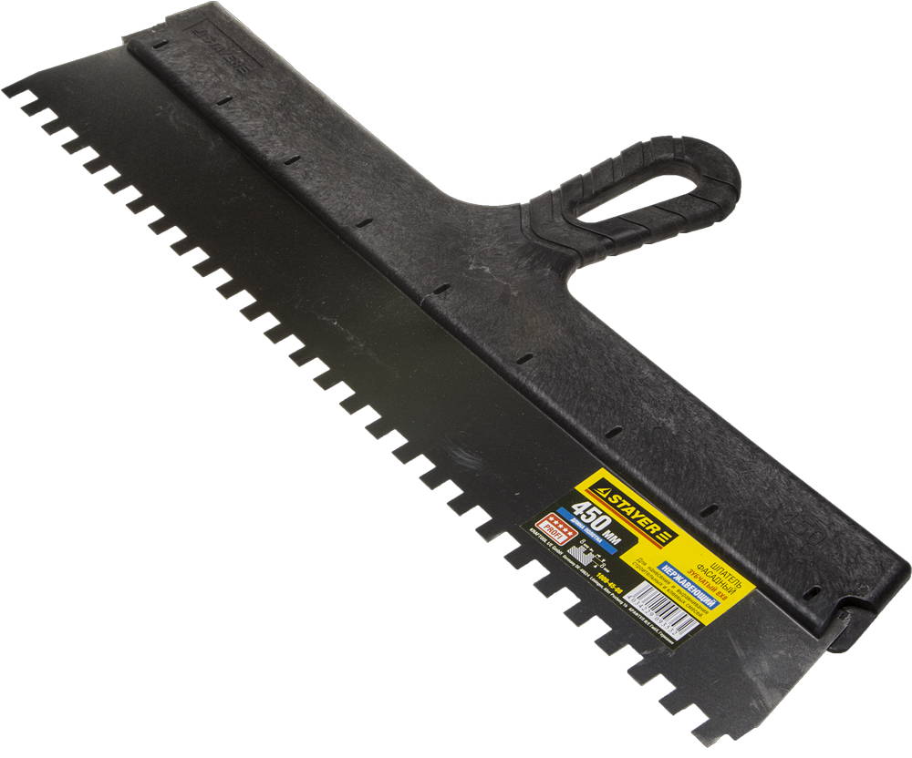 STAYER PROFlat, 450 мм, зуб 8 х 8 мм, пластиковая ручка, зубчатый, нержавеющий фасадный шпатель, Professional (1009-45-08)